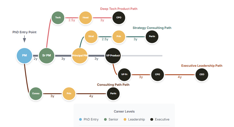 Career path progression map showing detailed trajectories from PhD to executive leadership positions with skills, timelines, and salary progressions
